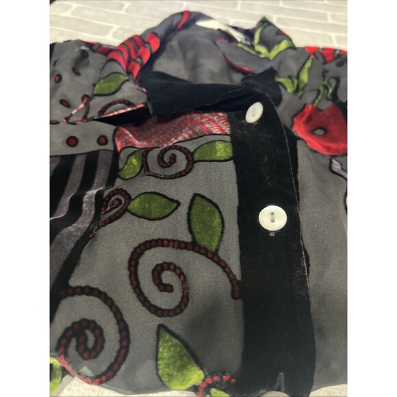 Vintage 1990s Blast Shirt XL Black Velour Floral Artsy Sheer Silk Button Up - Picture 14 of 15